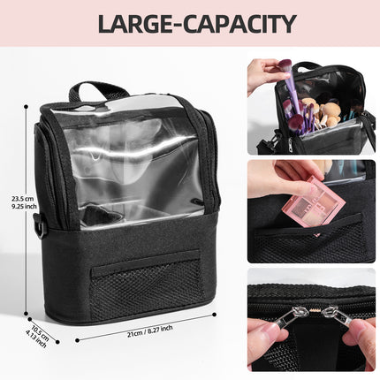 Black Professional Makeup Bag Organizer - Large Capacity Travel Cosmetic Case with Brush Holder, Adjustable Dividers & Shoulder Strap.
