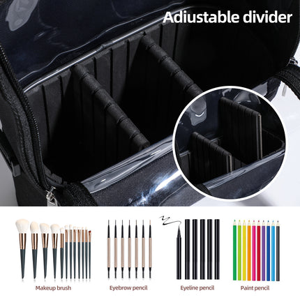 Black Professional Makeup Bag Organizer - Large Capacity Travel Cosmetic Case with Brush Holder, Adjustable Dividers & Shoulder Strap.