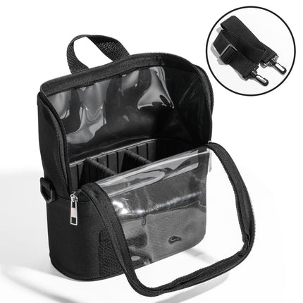 Black Professional Makeup Bag Organizer - Large Capacity Travel Cosmetic Case with Brush Holder, Adjustable Dividers & Shoulder Strap.