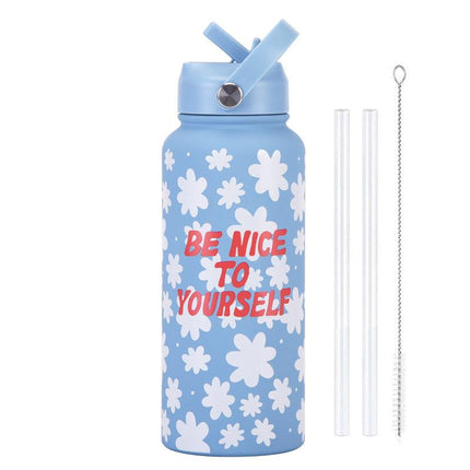 Style 19A Blue and White Plaid Vibrant Fun Print 1L Stainless Steel Insulated Water Bottle - 32oz Large Capacity with Straw Lid & Carry Handle - BPA-Free.