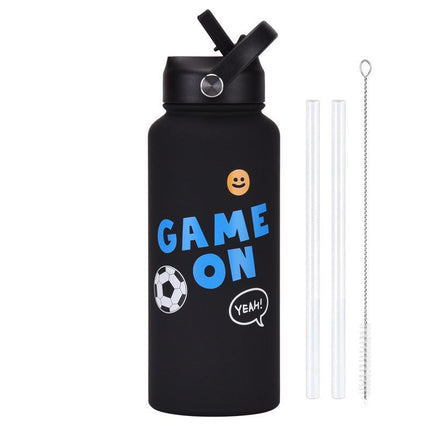 Style 9B Black Vibrant Fun Print 1L Stainless Steel Insulated Water Bottle - 32oz Large Capacity with Straw Lid & Carry Handle - BPA-Free.