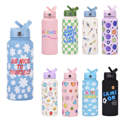 Style 23C White and Blue Vibrant Fun Print 1L Stainless Steel Insulated Water Bottle - 32oz Large Capacity with Straw Lid & Carry Handle - BPA-Free.