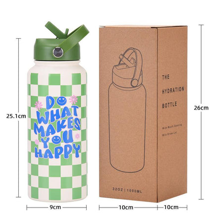 Style 23C White and Blue Vibrant Fun Print 1L Stainless Steel Insulated Water Bottle - 32oz Large Capacity with Straw Lid & Carry Handle - BPA-Free.