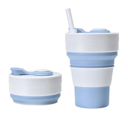 2 Pcs White and Blue 350ml Collapsible Silicone Travel Cup - Portable, Leak-Proof & Food-Grade Drinking Mug with Lid, Insulating Sleeve & Straw.