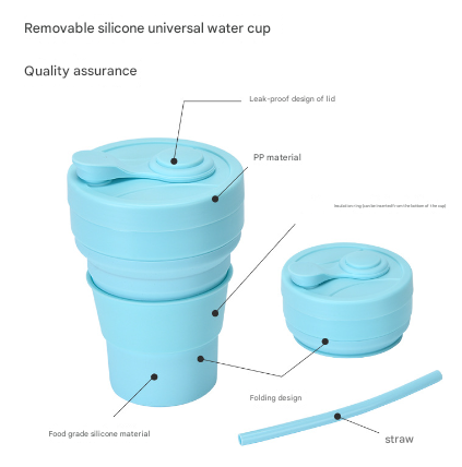 2 Pcs White and Blue 350ml Collapsible Silicone Travel Cup - Portable, Leak-Proof & Food-Grade Drinking Mug with Lid, Insulating Sleeve & Straw.
