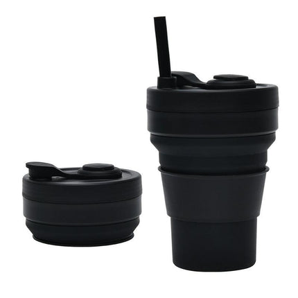 2 Pcs Black 350ml Collapsible Silicone Travel Cup - Portable, Leak-Proof & Food-Grade Drinking Mug with Lid, Insulating Sleeve & Straw.
