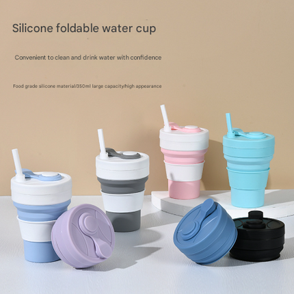 2 Pcs Black 350ml Collapsible Silicone Travel Cup - Portable, Leak-Proof & Food-Grade Drinking Mug with Lid, Insulating Sleeve & Straw.