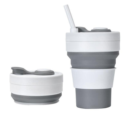 2 Pcs White and Grey 350ml Collapsible Silicone Travel Cup - Portable, Leak-Proof & Food-Grade Drinking Mug with Lid, Insulating Sleeve & Straw.