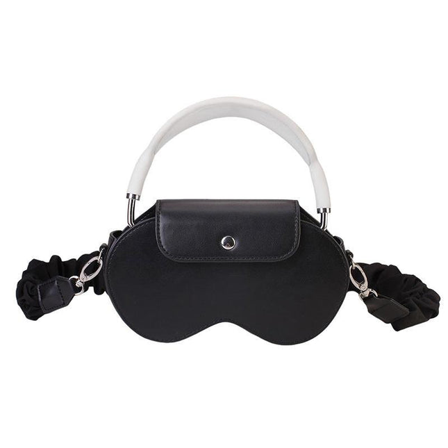 Black Chic PU Leather Crossbody Storage Bag for Apple AirPods Max - Protective Case with Ruched Fabric Strap & Top Handle.