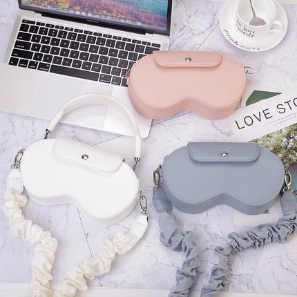 Black Chic PU Leather Crossbody Storage Bag for Apple AirPods Max - Protective Case with Ruched Fabric Strap & Top Handle.