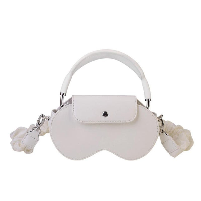 White Chic PU Leather Crossbody Storage Bag for Apple AirPods Max - Protective Case with Ruched Fabric Strap & Top Handle.