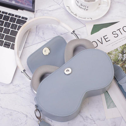 White Chic PU Leather Crossbody Storage Bag for Apple AirPods Max - Protective Case with Ruched Fabric Strap & Top Handle.