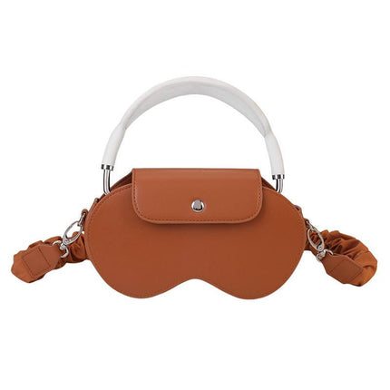Brown Chic PU Leather Crossbody Storage Bag for Apple AirPods Max - Protective Case with Ruched Fabric Strap & Top Handle.