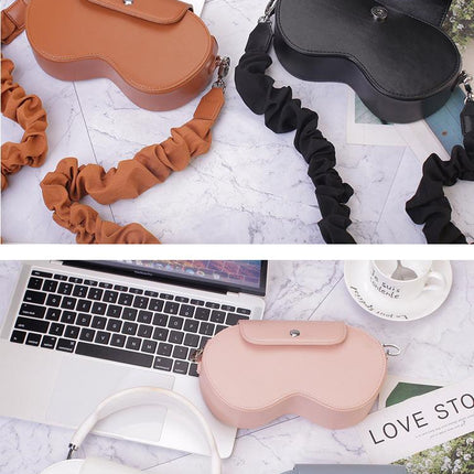 Brown Chic PU Leather Crossbody Storage Bag for Apple AirPods Max - Protective Case with Ruched Fabric Strap & Top Handle.