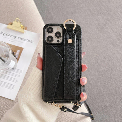 Black Chic PU Leather Crossbody Wallet Case for iPhone 16 Pro Max - Card Holder with Detachable Strap & Finger Ring Grip.