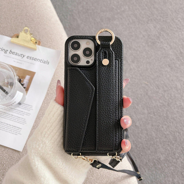 Black Chic PU Leather Crossbody Wallet Case for iPhone 16 Pro Max - Card Holder with Detachable Strap & Finger Ring Grip.