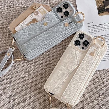 Black Chic PU Leather Crossbody Wallet Case for iPhone 16 Pro - Card Holder with Detachable Strap & Finger Ring Grip.