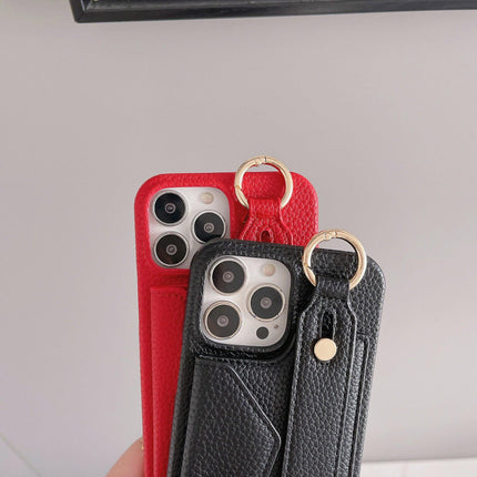 Black Chic PU Leather Crossbody Wallet Case for iPhone 16 - Card Holder with Detachable Strap & Finger Ring Grip.