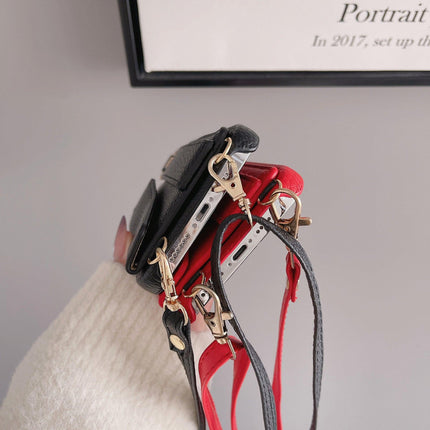 Red Chic PU Leather Crossbody Wallet Case for iPhone 16 Pro - Card Holder with Detachable Strap & Finger Ring Grip.