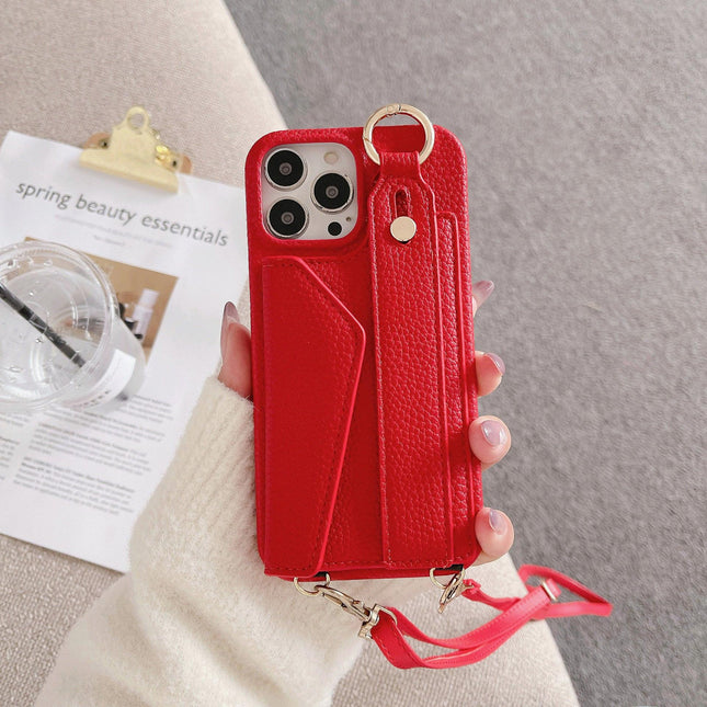 Red Chic PU Leather Crossbody Wallet Case for iPhone 16 - Card Holder with Detachable Strap & Finger Ring Grip.