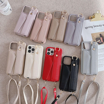 Red Chic PU Leather Crossbody Wallet Case for iPhone 16 - Card Holder with Detachable Strap & Finger Ring Grip.