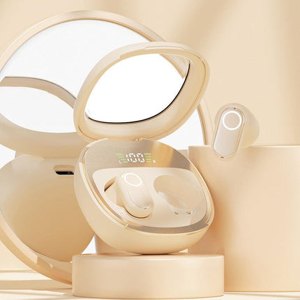 Beige Feather-Light TWS Earbuds - Bluetooth 5.4, Hi-Fi Sound, LED Display Case, 60H+ Playtime, Touch Control.