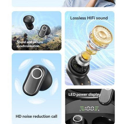 Beige Feather-Light TWS Earbuds - Bluetooth 5.4, Hi-Fi Sound, LED Display Case, 60H+ Playtime, Touch Control.