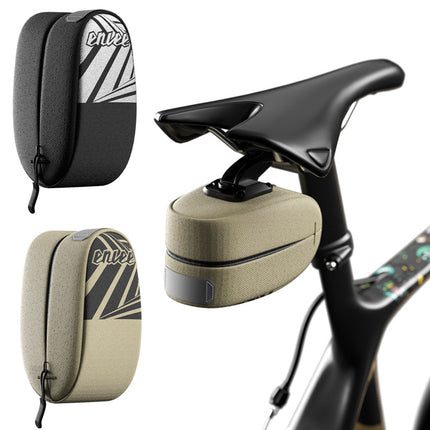 Black Compact Bike Saddle Bag - Quick-Release Water-Resistant Tail Pouch with Reflective Accents.