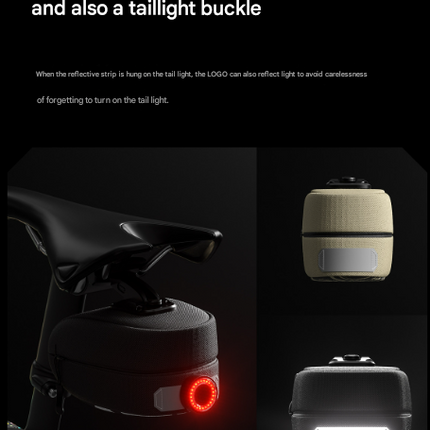 Black Compact Bike Saddle Bag - Quick-Release Water-Resistant Tail Pouch with Reflective Accents.