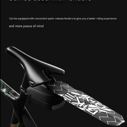 Black Compact Bike Saddle Bag - Quick-Release Water-Resistant Tail Pouch with Reflective Accents.