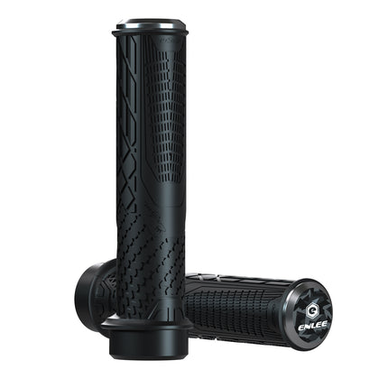 Black Ergonomic Lock-On Bike Grips - Anti-Slip TPR Rubber, Alloy Rings & Plugs for MTB & Commuter Bikes.