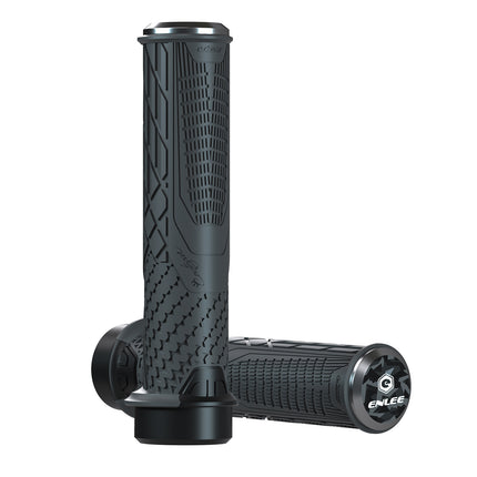Dark Grey Ergonomic Lock-On Bike Grips - Anti-Slip TPR Rubber, Alloy Rings & Plugs for MTB & Commuter Bikes.