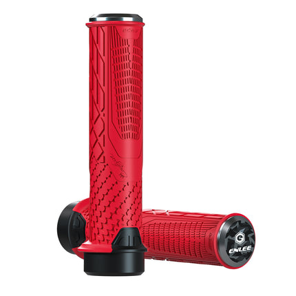 Red Ergonomic Lock-On Bike Grips - Anti-Slip TPR Rubber, Alloy Rings & Plugs for MTB & Commuter Bikes.