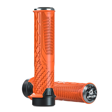 Orange Ergonomic Lock-On Bike Grips - Anti-Slip TPR Rubber, Alloy Rings & Plugs for MTB & Commuter Bikes.