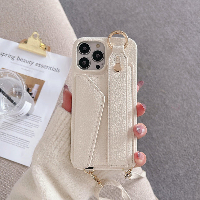 Beige Chic PU Leather Crossbody Wallet Case for iPhone 16 - Card Holder with Detachable Strap & Finger Ring Grip.
