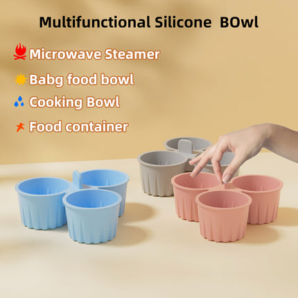 2 Pcs Pink 3-Compartment Silicone Bowl - BPA-Free, Microwave & Air Fryer Safe for Eggs, Baking & Food Storage.