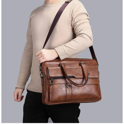 Brown Men's PU Leather Briefcase - Vintage Style Laptop Messenger Bag, Crossbody Satchel for Business & Casual.