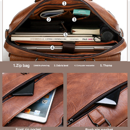 Brown Men's PU Leather Briefcase - Vintage Style Laptop Messenger Bag, Crossbody Satchel for Business & Casual.