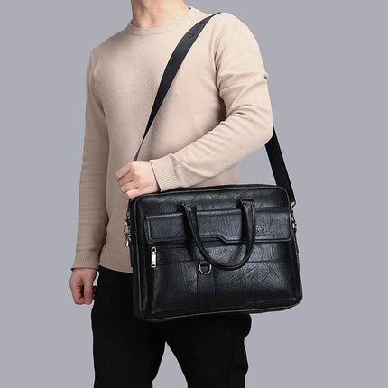 Black Men's PU Leather Briefcase - Vintage Style Laptop Messenger Bag, Crossbody Satchel for Business & Casual.