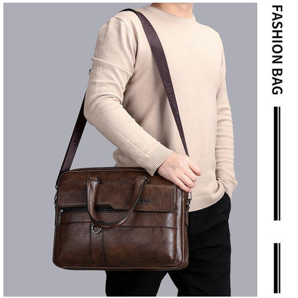 Coffee Men's PU Leather Briefcase - Vintage Style Laptop Messenger Bag, Crossbody Satchel for Business & Casual.