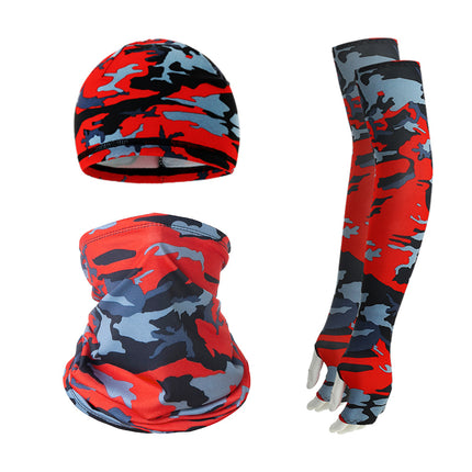 2 Sets Red And Grey Camouflage Cooling UV Protection Set - 2 Skull Cap, 2 Neck Gaiter & 4 Arm Sleeves for Outdoor Sports.
