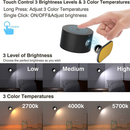 Black Rechargeable LED Magnetic Wall Light - Touch Control, 3 Colors & Dimmable, USB Portable Night Lamp for Reading & Cabinets.