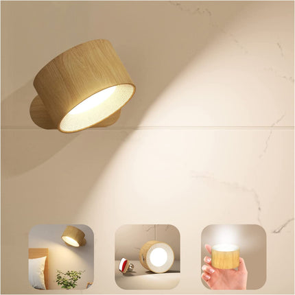Khaki Wood Grain Rechargeable LED Magnetic Wall Light - Touch Control, 3 Colors & Dimmable, USB Portable Night Lamp for Reading & Cabinets.