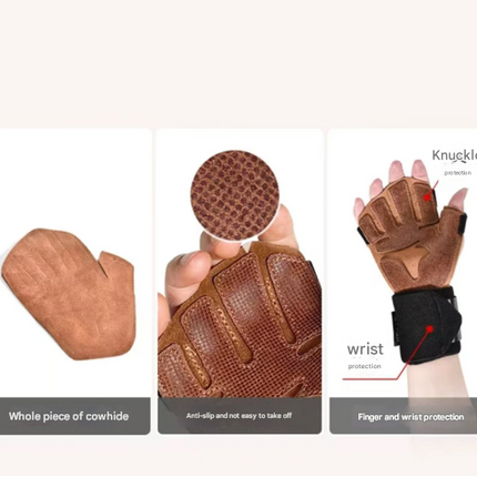 Size S Dark Brown Premium Cowhide Leather Weightlifting Gloves with Wrist Support - Non-Slip Grip, Breathable Fitness Workout Gloves for Gym, WODs, Dumbbells.