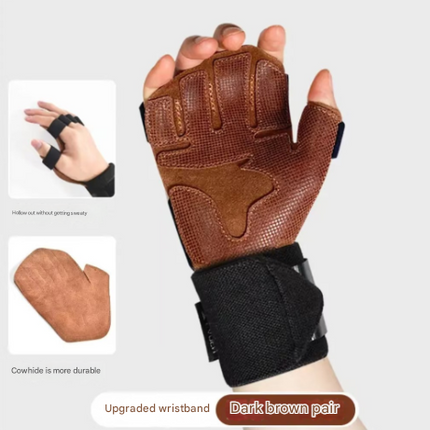 Size L Dark Brown Premium Cowhide Leather Weightlifting Gloves with Wrist Support - Non-Slip Grip, Breathable Fitness Workout Gloves for Gym, WODs, Dumbbells.