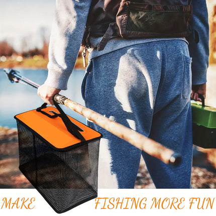 1 Piece Orange and Black Durable Collapsible Fishing Keepnet - Large 40.5L Quick-Dry Coated Nylon Fish Basket for Live Bait & Catch.