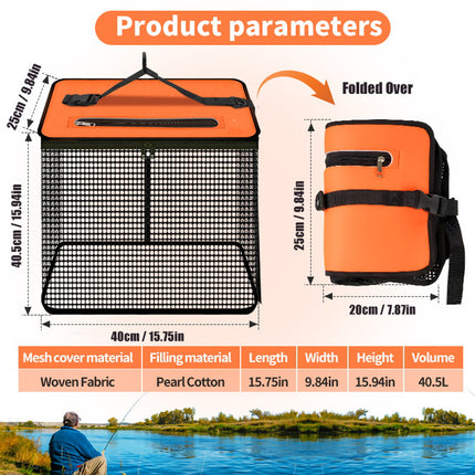 1 Piece Orange and Black Durable Collapsible Fishing Keepnet - Large 40.5L Quick-Dry Coated Nylon Fish Basket for Live Bait & Catch.