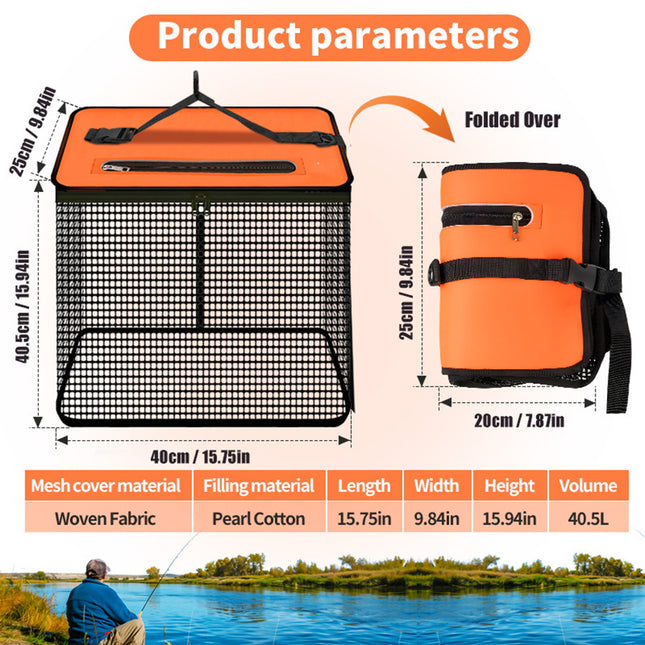 1 Piece Orange and Black Durable Collapsible Fishing Keepnet - Large 40.5L Quick-Dry Coated Nylon Fish Basket for Live Bait & Catch.