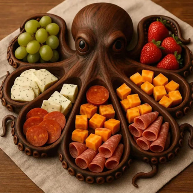 Style A Brown Artisan Crafted Solid Wood Octopus Charcuterie Board - Unique Appetizer & Cheese Serving Platter.