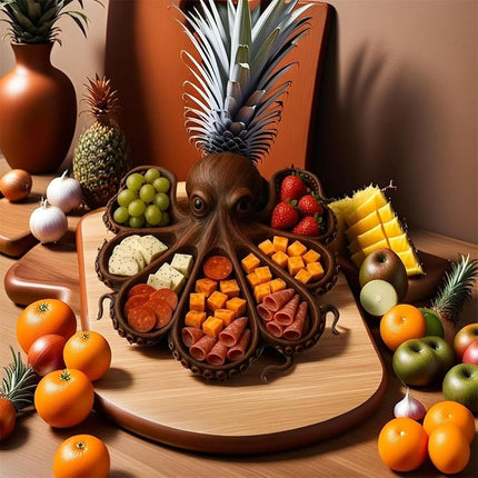 Style A Brown Artisan Crafted Solid Wood Octopus Charcuterie Board - Unique Appetizer & Cheese Serving Platter.